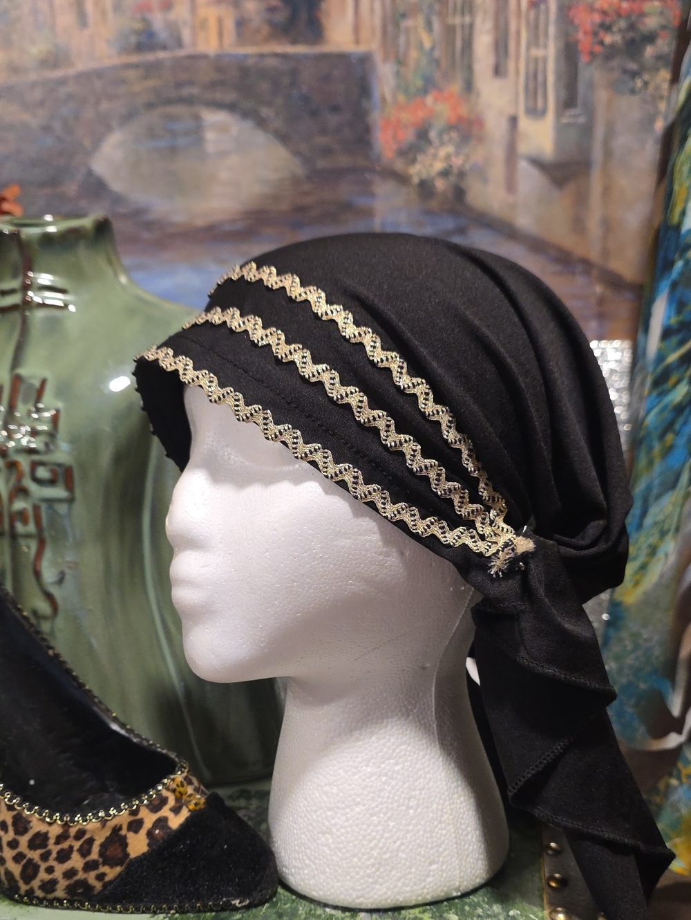 Black Headscarf with Gold Trim - Picture 3 of 9